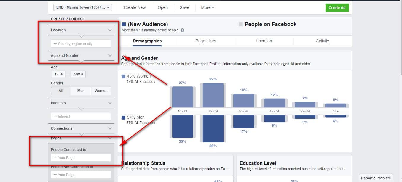 Chọn Page và vị trí trong Audience Insight Facebook