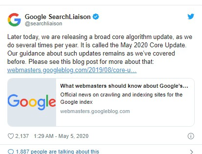 Google confirmed the core algorithm update in May 2020