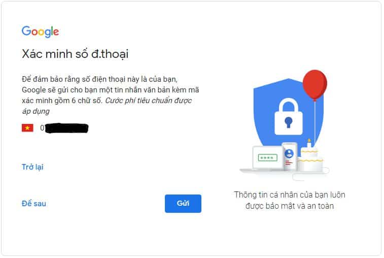 Xác nhận khi tạo tài khoản Gmail