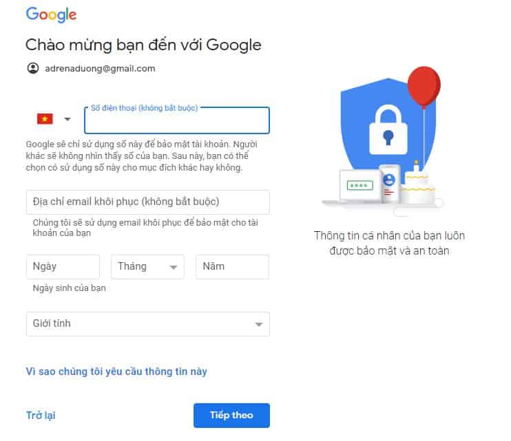 Một số thông tin sẽ có trong Form đăng ký tài khoản Gmail