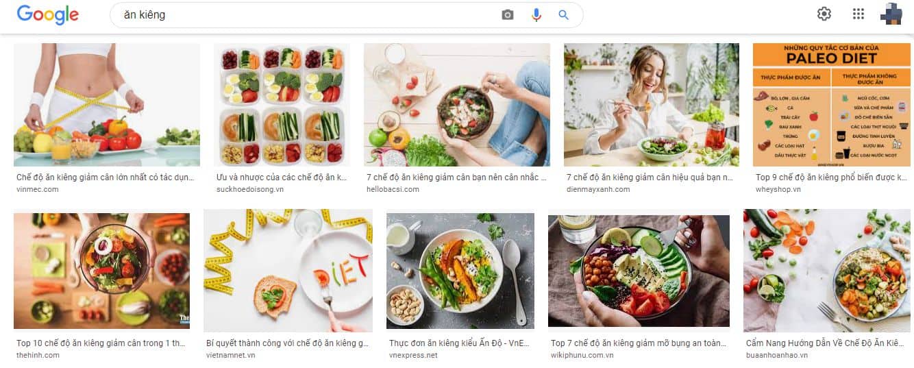 Một tìm kiềm về "ăn kiêng" trên Google hình ảnh