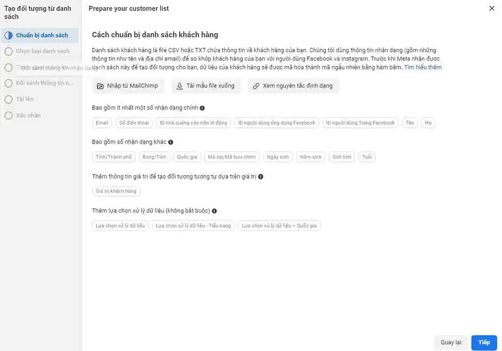 Hướng dẫn tạo đối tượng tùy chỉnh Facebook- Custom Audience đơn giản 14 Tạo đối tượng tùy chỉnh facebook danh sách khách hàng 2
