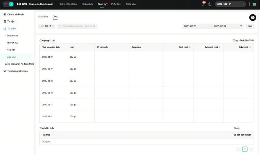 Cách kiểm tra số dư TikTok Ads sau khi trừ thuế