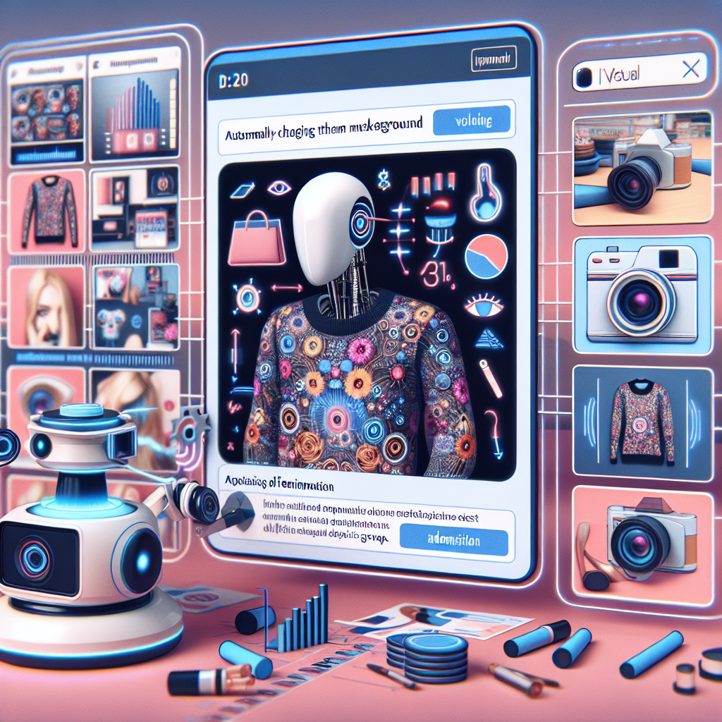 A graphic illustrating AI automatically altering the background of a product image in a Facebook ad to test different visual scenarios, enhancing creative consistency and appeal to various audience segments.
