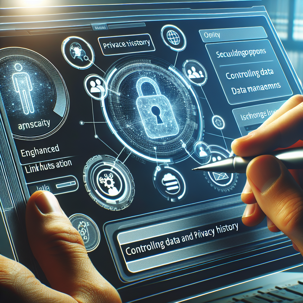 A futuristic interface of Facebook showing privacy settings with advanced options for controlling data and link history. The interface is clean, modern, and user-friendly, with icons representing security and data management.