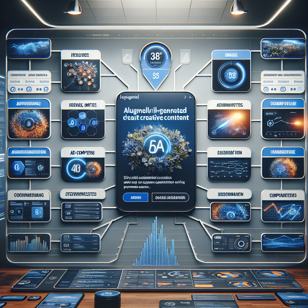 A dashboard view inside Facebook Ad Manager, showcasing AI-driven suggestions for ad creatives, with different versions of headlines, images, and ad copy being tested and compared for optimal audience engagement.