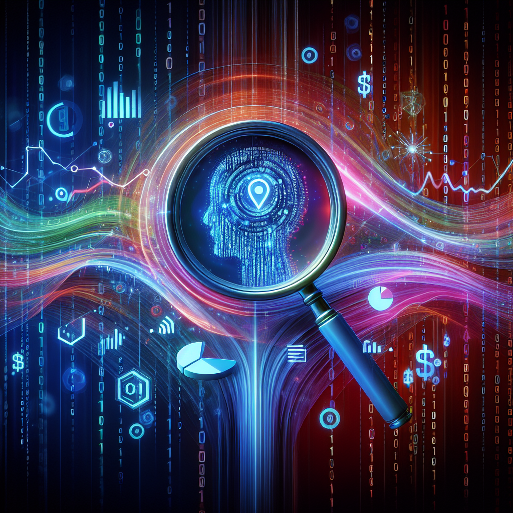 An abstract representation of Artificial Intelligence influencing and optimizing Google Ads campaigns, with binary code swirling around a magnifying glass focusing on ad performance metrics.