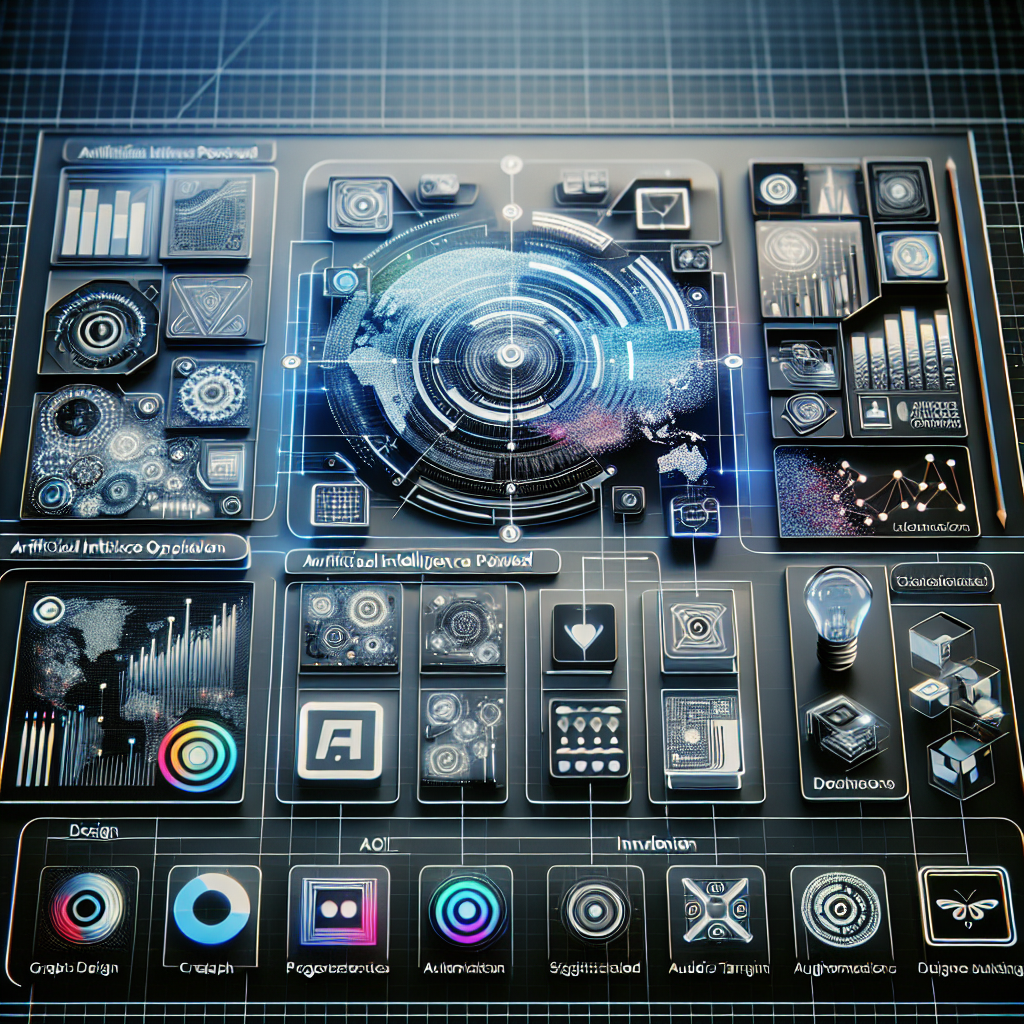 A futuristic interface showcasing AI-powered creative tools, displaying graphic design elements, text suggestions, and audience targeting options, all driven by algorithms.