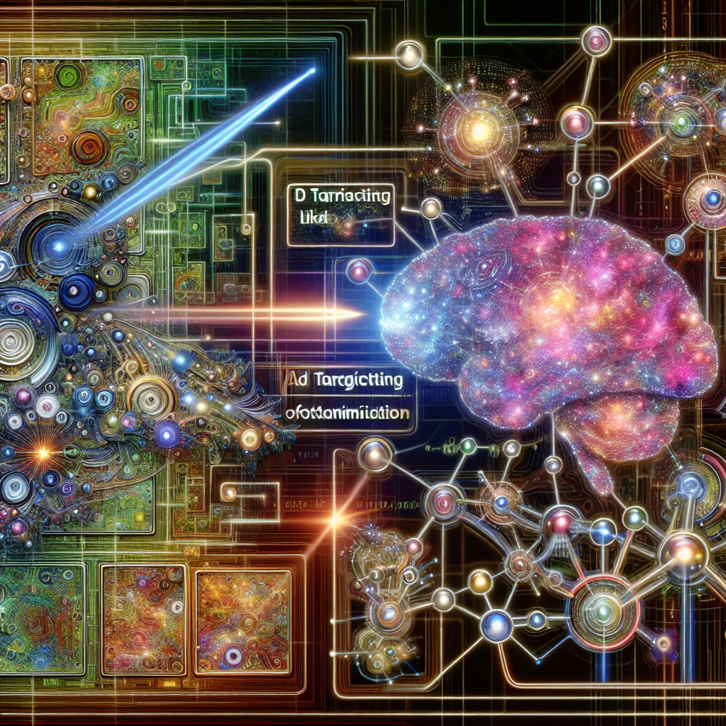 An illustration showcasing AI technology powering Facebook ads, with neural networks analyzing user data to optimize ad targeting and personalize content. The scene includes data visualizations and algorithmic processes.