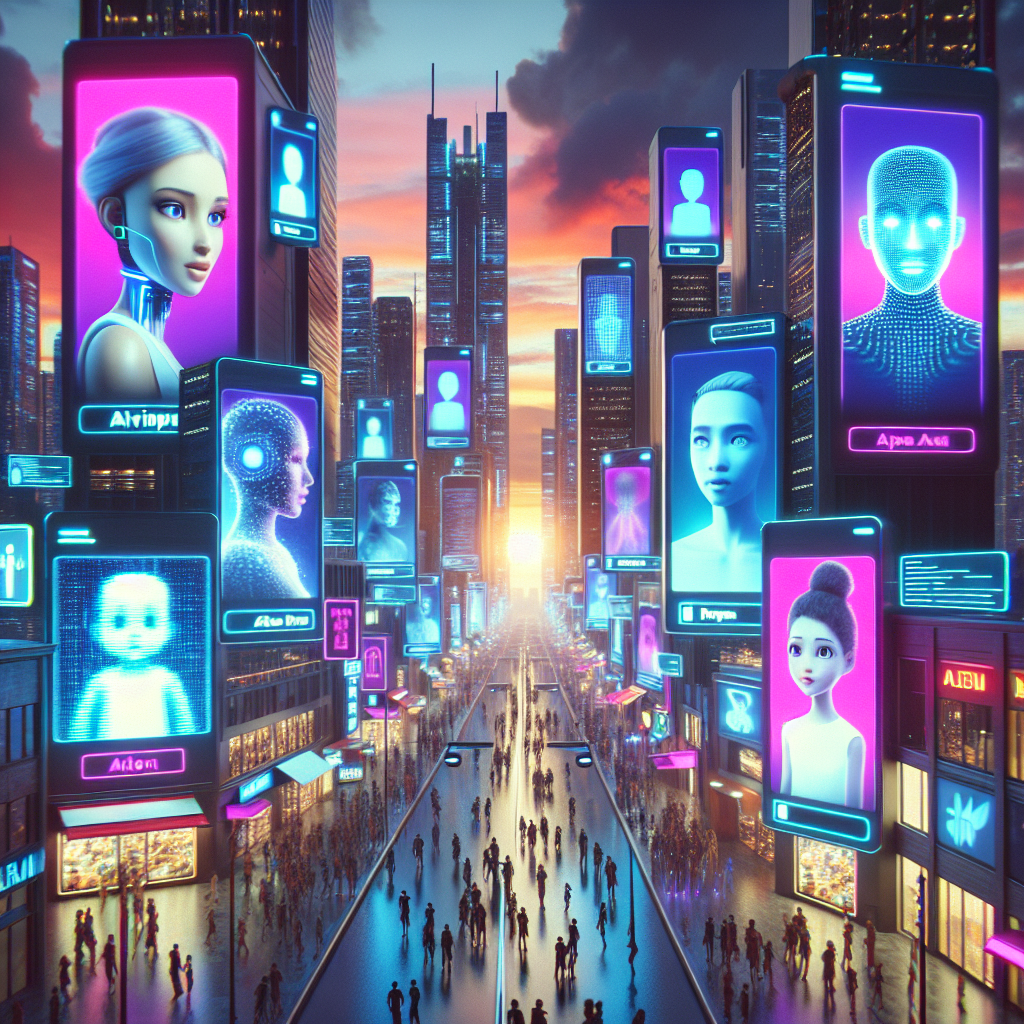 A futuristic cityscape with glowing chatbots interacting with people on digital screens, showcasing the integration of AI in everyday life and marketing.