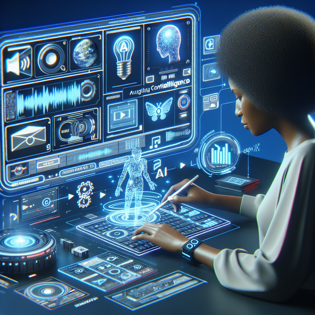 A futuristic interface with AI tools assisting a content creator in editing a TikTok video, highlighting the role of AI in enhancing creativity.