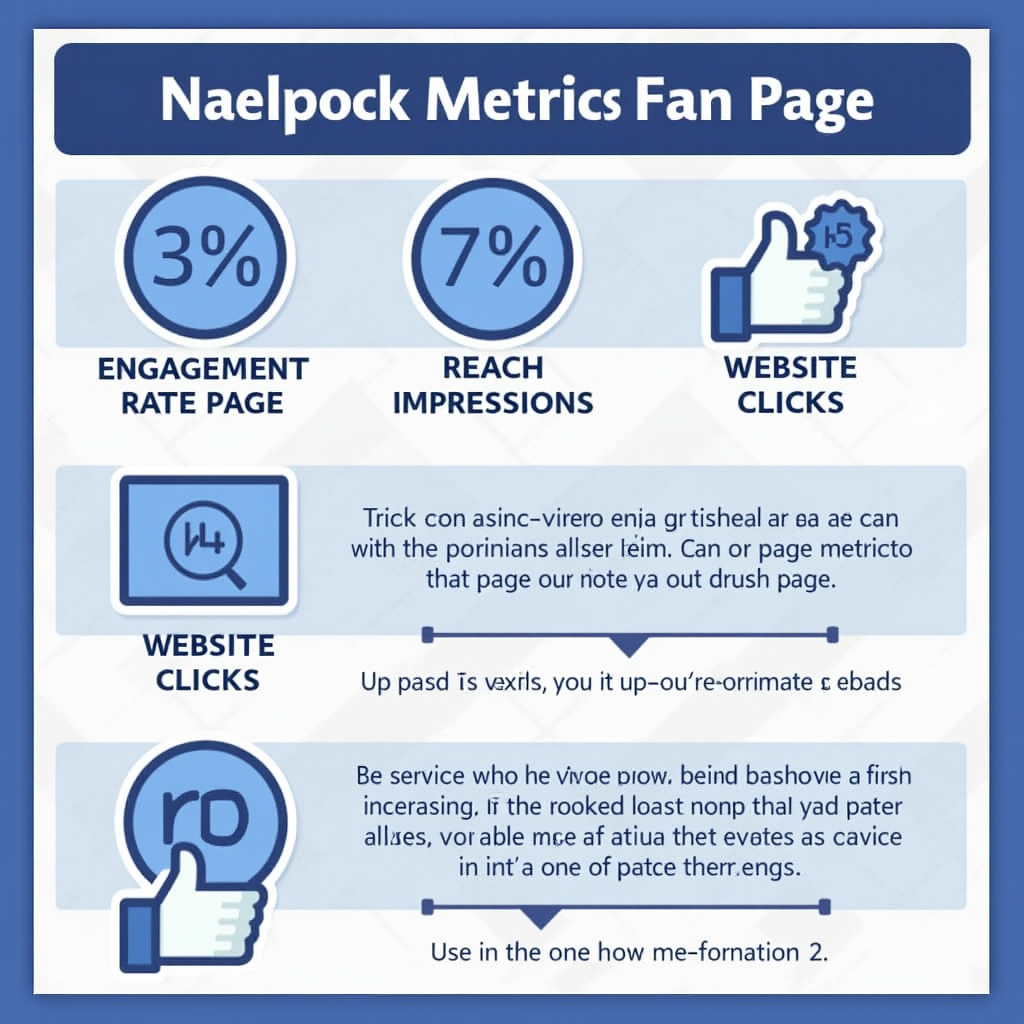 An infographic visually representing the key metrics to track on a Facebook fan page, such as engagement rate, reach, impressions, website clicks, and video views, along with tips on how to interpret and use these metrics to improve page performance.