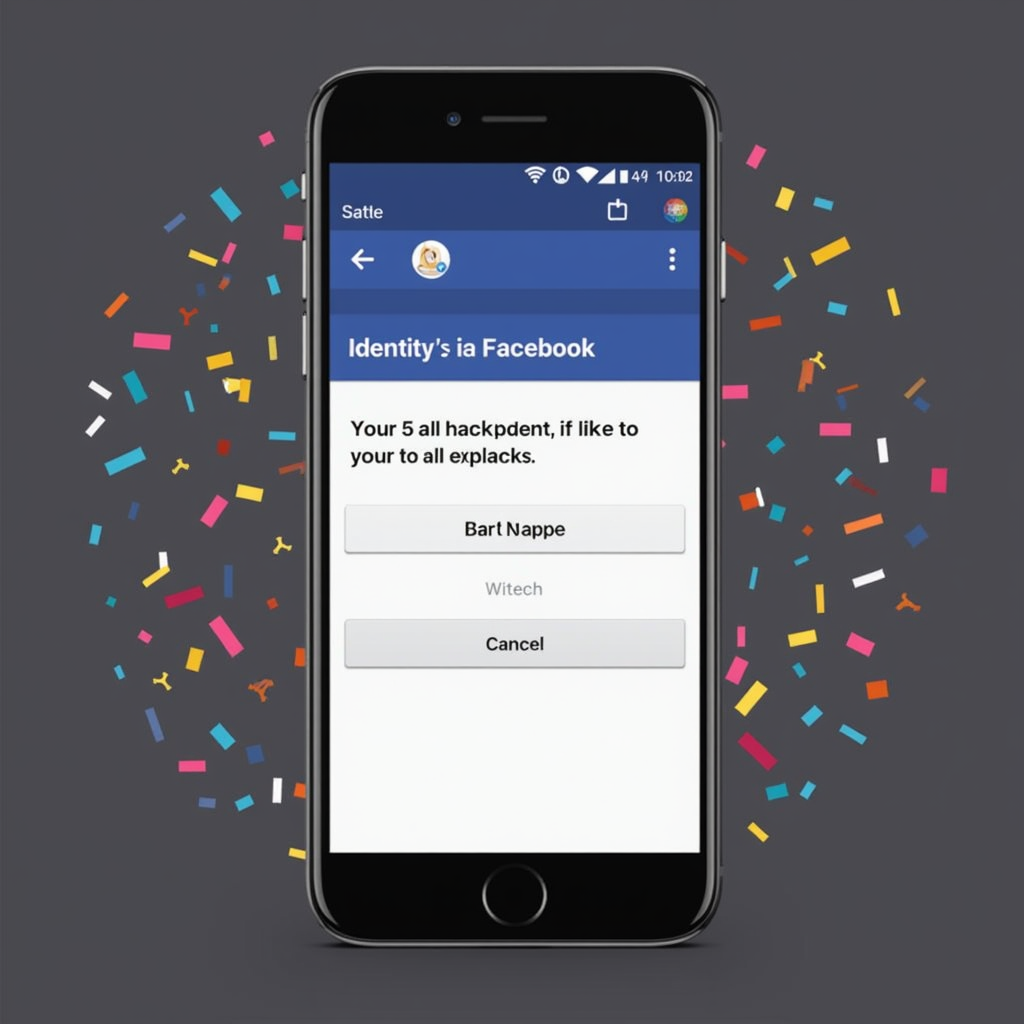 A smartphone displaying a Facebook notification indicating successful identity verification, with a celebratory confetti background.