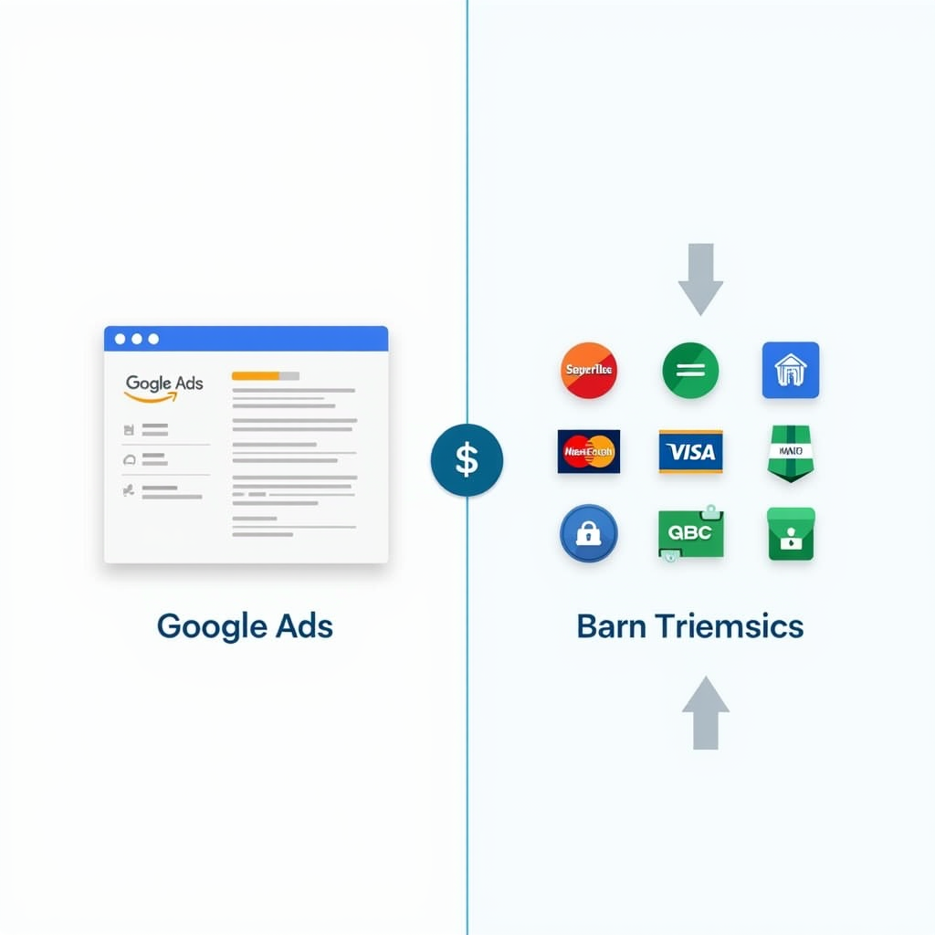 A split-screen illustration showing the Google Ads interface on one side and various payment method icons (credit card, debit card, bank transfer, etc.) on the other. Arrows indicate the flow of information and payment between the two.