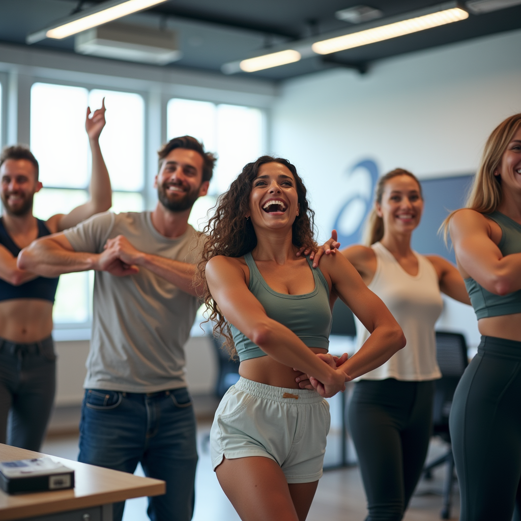A diverse group of office workers taking a lively, energetic break from their desks, stretching and laughing together in a modern office setting, bright and airy, showcasing the ASICS logo subtly in the background.