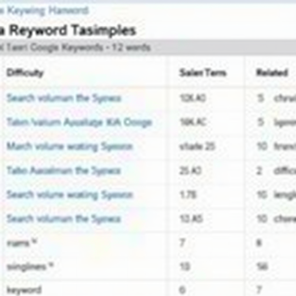 Công cụ theo dõi thứ hạng từ khóa 2025: Hướng dẫn chi tiết 4 A user interface of a keyword research tool, displaying a list of potential keywords along with their search volume, difficulty score, and related terms. The interface should look professional and informative.