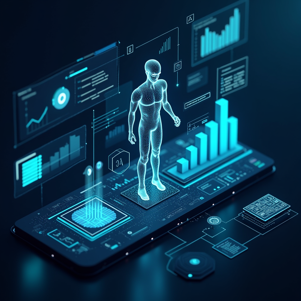 A futuristic interface showing AI algorithms analyzing content, with visual representations of data streams and user engagement metrics. The overall theme is technological advancement and the integration of AI in content creation.