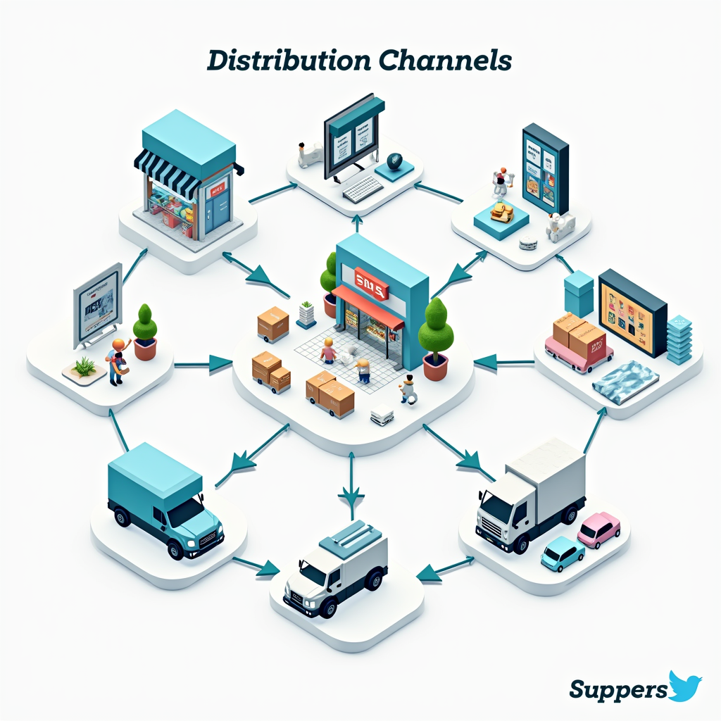 A dynamic display showcasing various distribution channels, including physical stores, online marketplaces, and direct-to-consumer delivery services. The image should convey a sense of accessibility and convenience for customers.