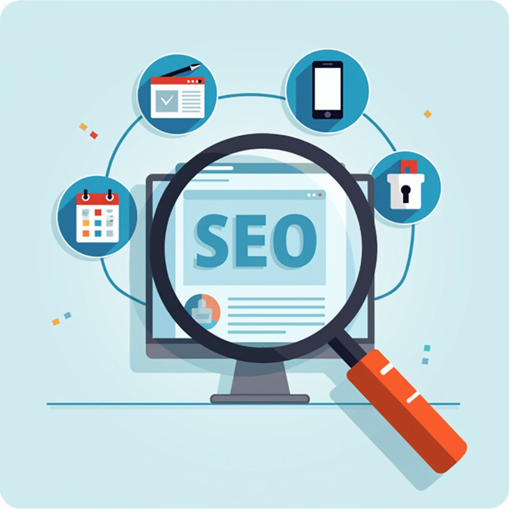 SEO organic là gì và tại sao nó quan trọng? 3 A magnifying glass focusing on a website, with various icons representing different SEO elements like speed, mobile-friendliness, and security.