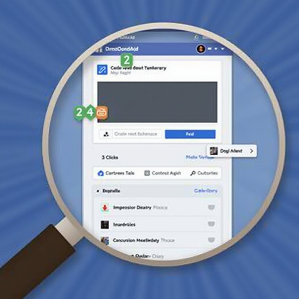 A magnifying glass focusing on a single Facebook Ad, highlighting key elements like the headline, image, and call-to-action button. Data points related to the ad's performance (impressions, clicks, conversions) are floating around the ad, emphasizing the importance of tracking these metrics.