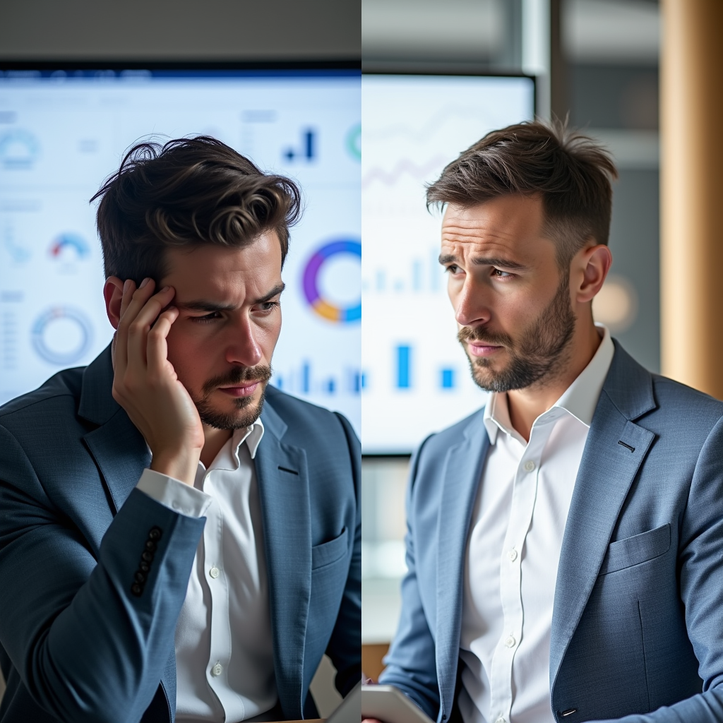 A split-screen image. On one side, a struggling business owner looking frustrated at a complex Facebook Ads report. On the other side, a successful business owner confidently reviewing a simplified dashboard with key metrics highlighted. The overall tone should be contrast between confusion and clarity.