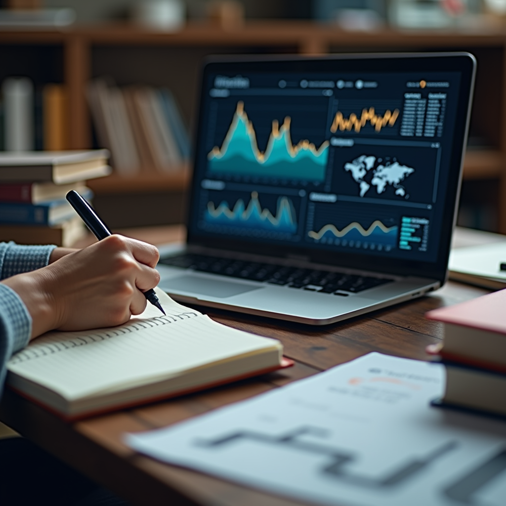A close-up shot of a person writing in a notebook, surrounded by books and a laptop displaying complex data analytics. The person is looking up thoughtfully, suggesting deep thinking and original ideas.