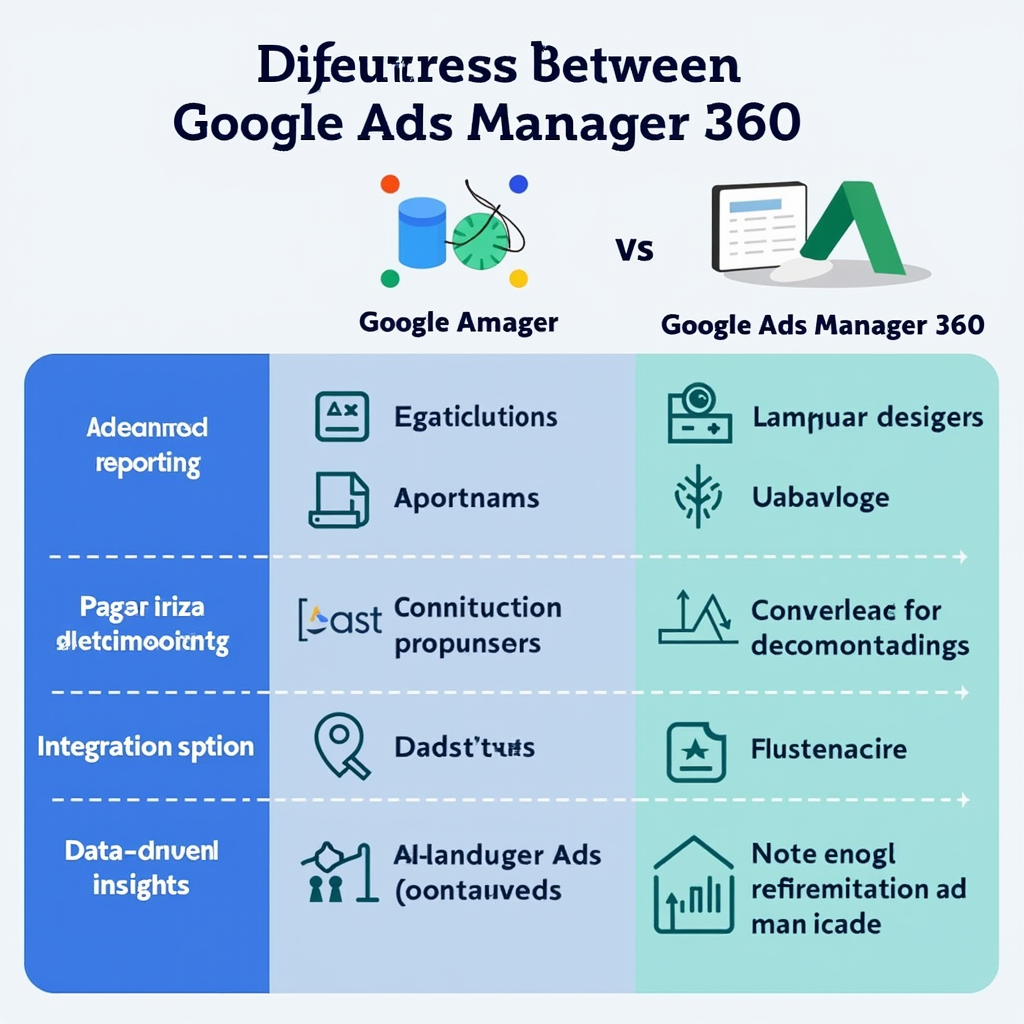 A comparison chart highlighting the key differences between Google Ads Manager and Google Ads Manager 360. Use a visually appealing design with clear labels and icons to represent features like advanced reporting, integration options, and data-driven insights.