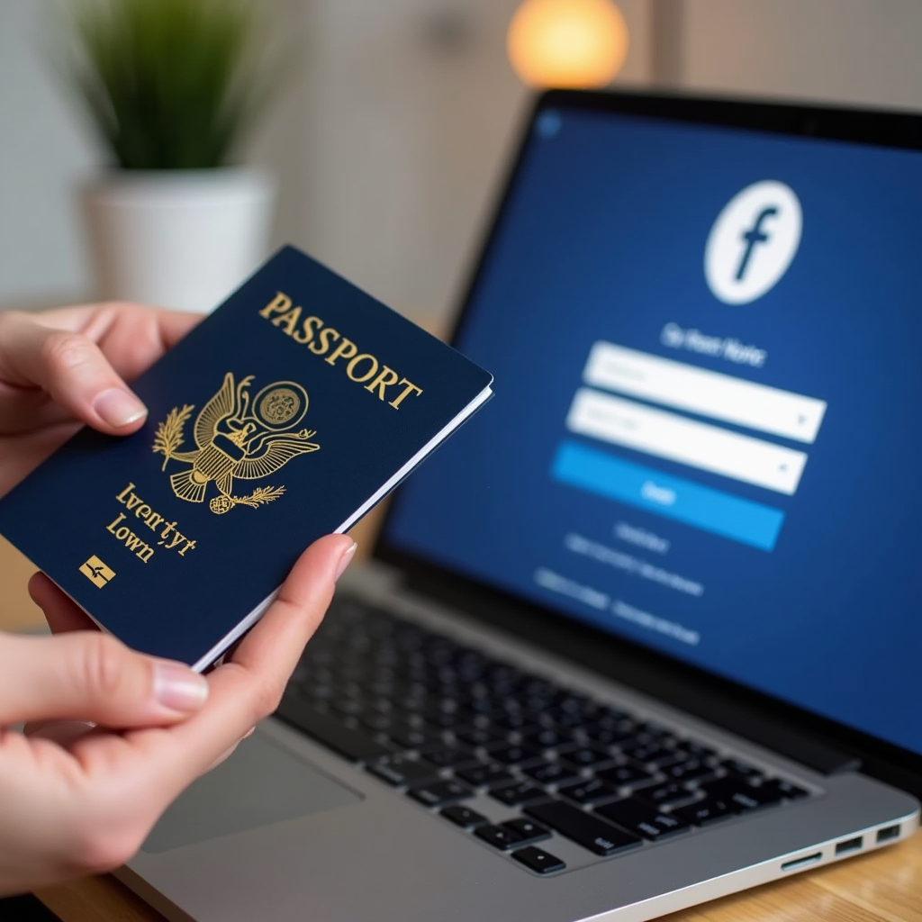 A person holding a passport next to a laptop displaying the Facebook login screen, emphasizing security and identity verification.