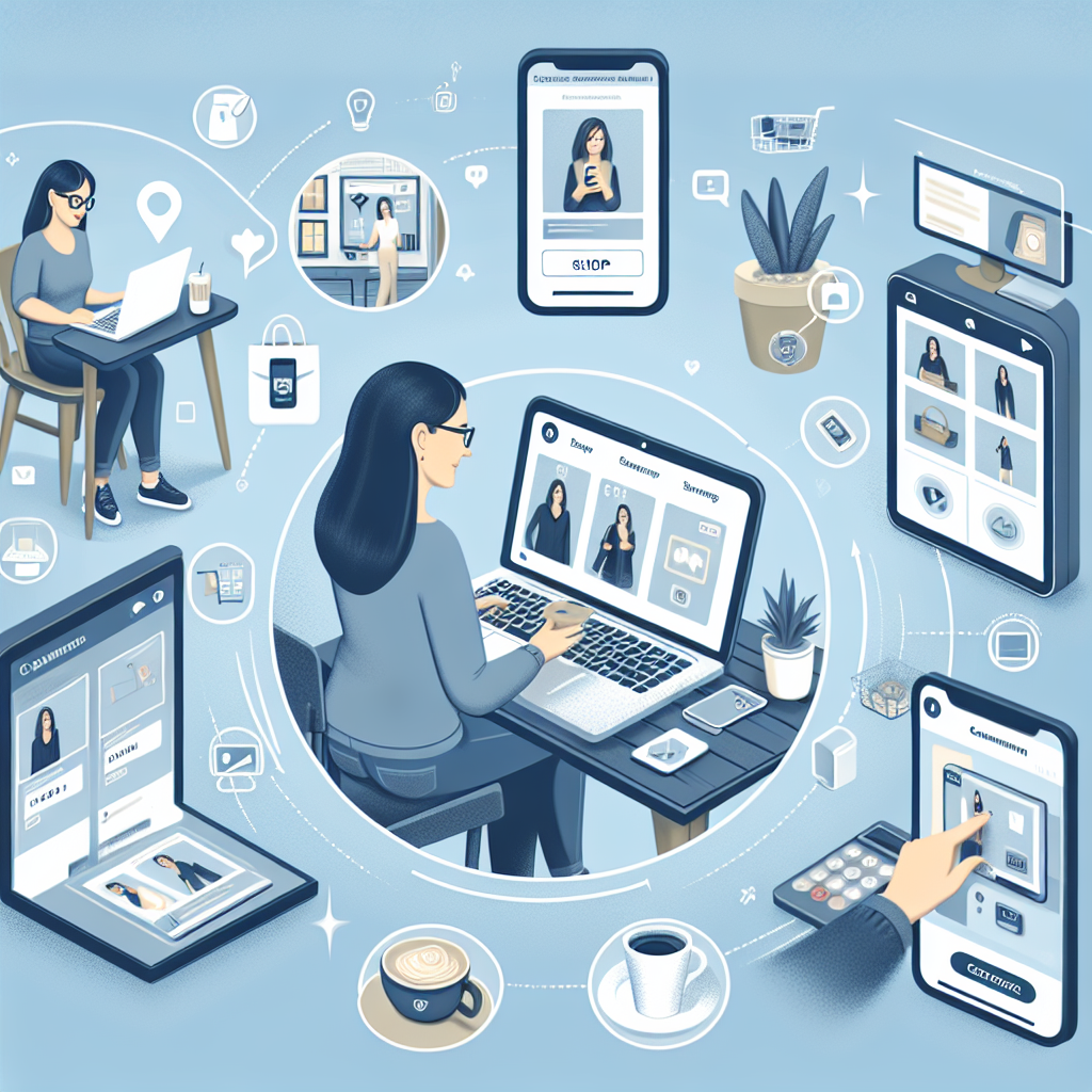 A customer seamlessly interacting with a business across multiple devices and platforms (laptop, smartphone, tablet, in-store kiosk), showcasing a consistent and personalized experience regardless of the channel.