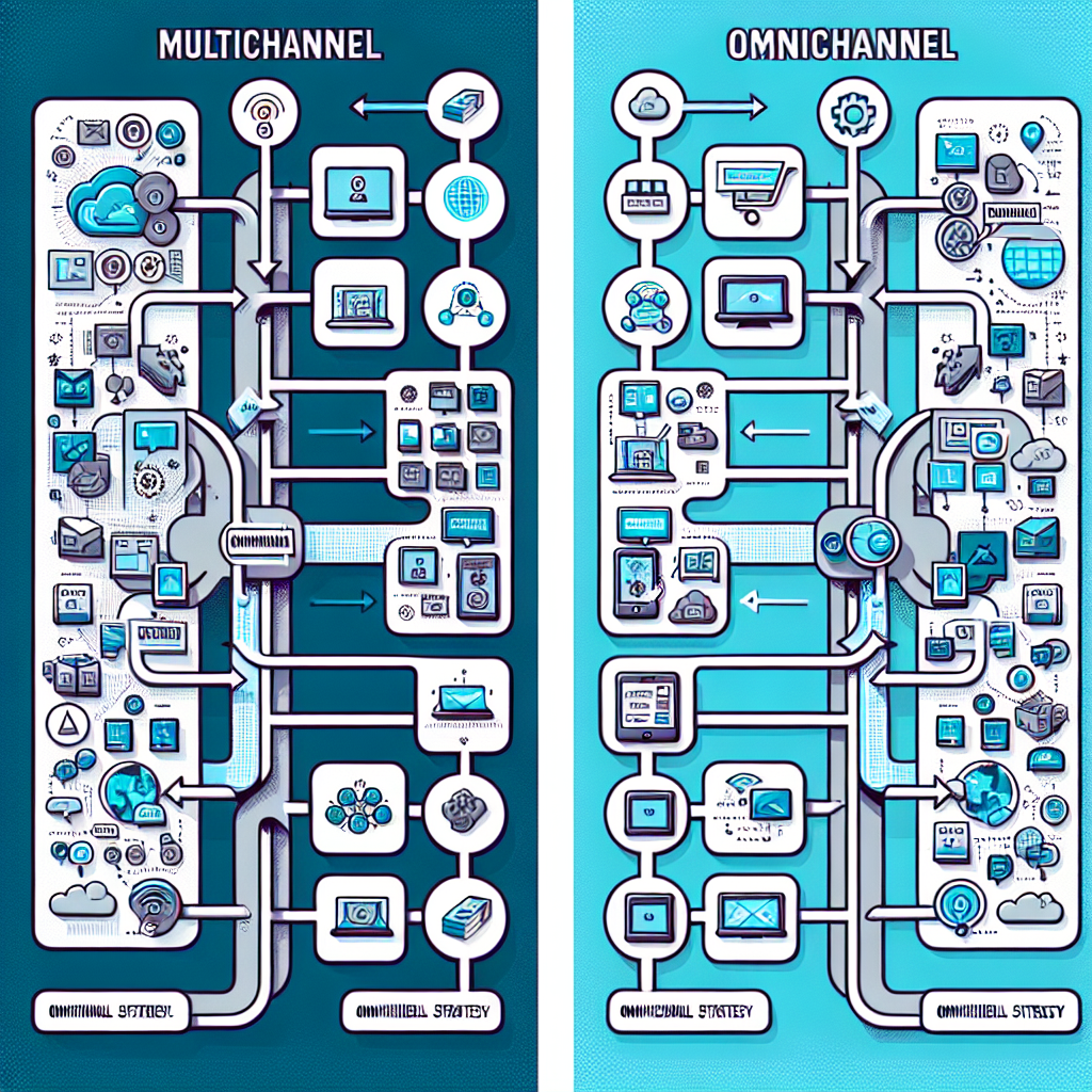 A diagram comparing multichannel and omnichannel strategies, visually highlighting the independent, siloed nature of multichannel versus the interconnected, integrated nature of omnichannel, with arrows showing the flow of customer data and interactions.