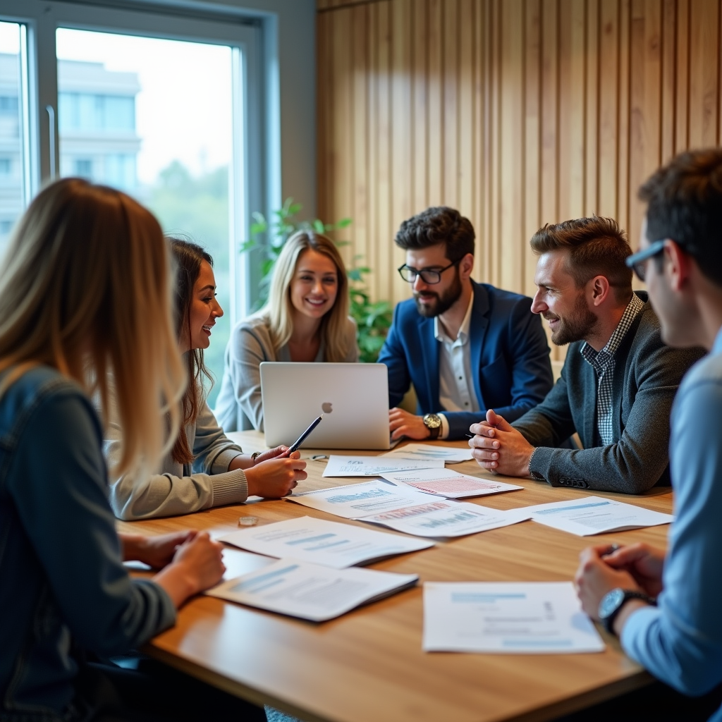A diverse group of people discussing Google Ads payment methods around a table filled with laptops and financial documents. The atmosphere is collaborative and informative, with a focus on clarity and understanding.