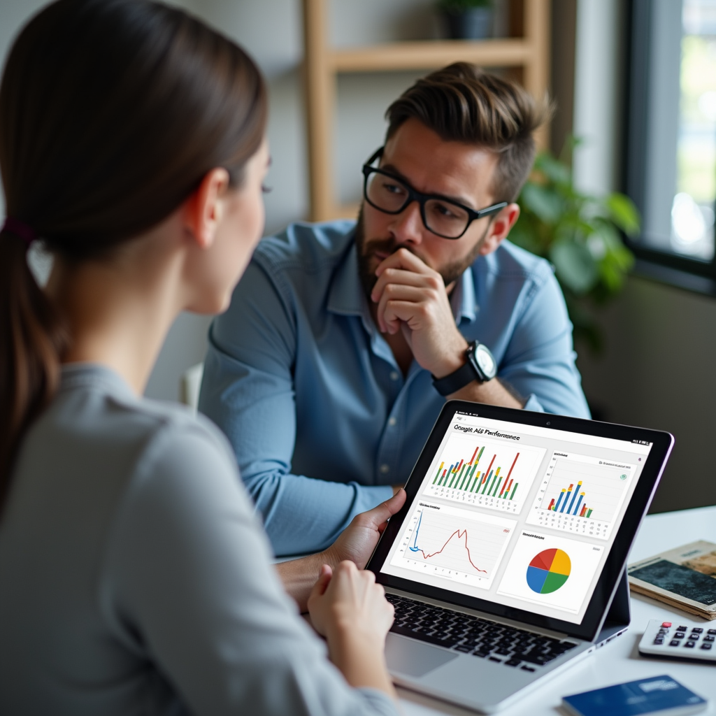 A person looking thoughtfully at a Google Ads performance report on a tablet, with a credit card and a calculator lying beside it. The background is a modern office space, suggesting a focus on data-driven decision-making in advertising.
