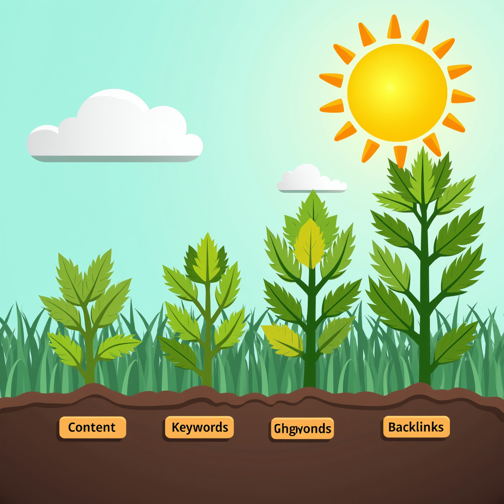 SEO organic là gì và tại sao nó quan trọng? 2 A flourishing garden representing organic growth, with plants labeled