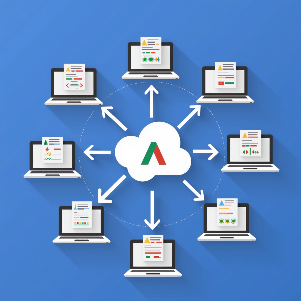 A digital illustration showcasing a central hub with multiple connected Google Ads accounts, symbolizing the overview and management capabilities of Google Ads Manager. The illustration should be clean, modern, and visually represent the idea of interconnectedness and efficiency.