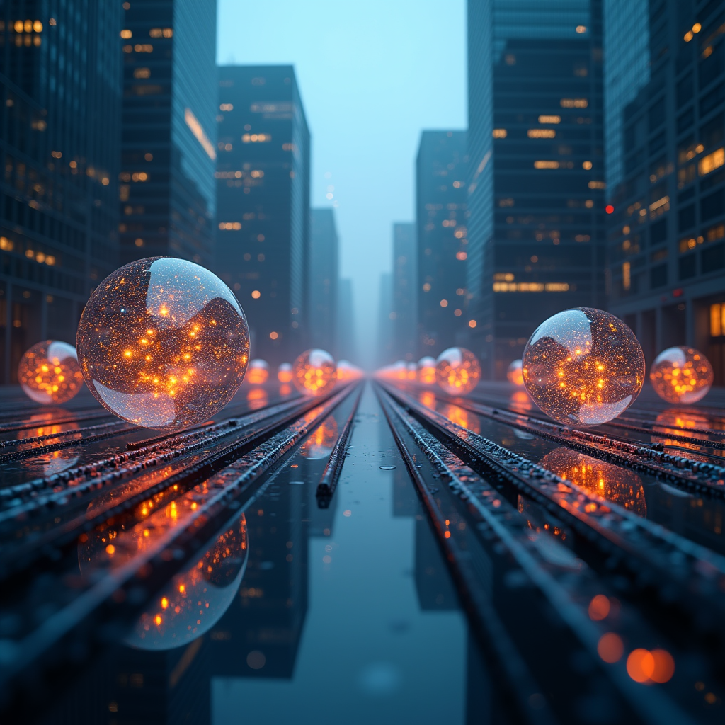 A futuristic cityscape with AI Agents represented as glowing orbs navigating through data streams, solving problems and optimizing workflows. Focus on the connection between AI and automation.