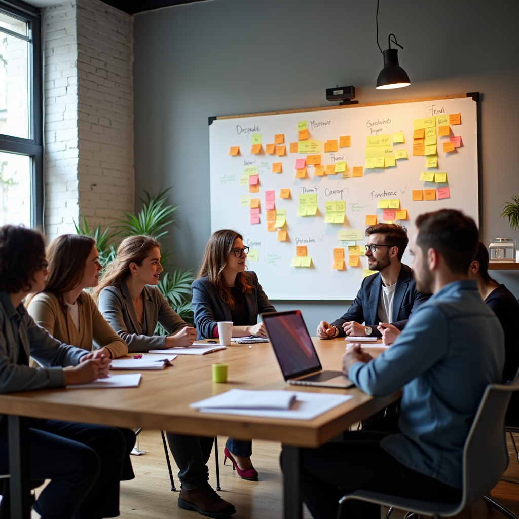 A diverse group of people brainstorming YouTube ad campaign ideas in a modern office, with sticky notes and a whiteboard filled with strategies.
