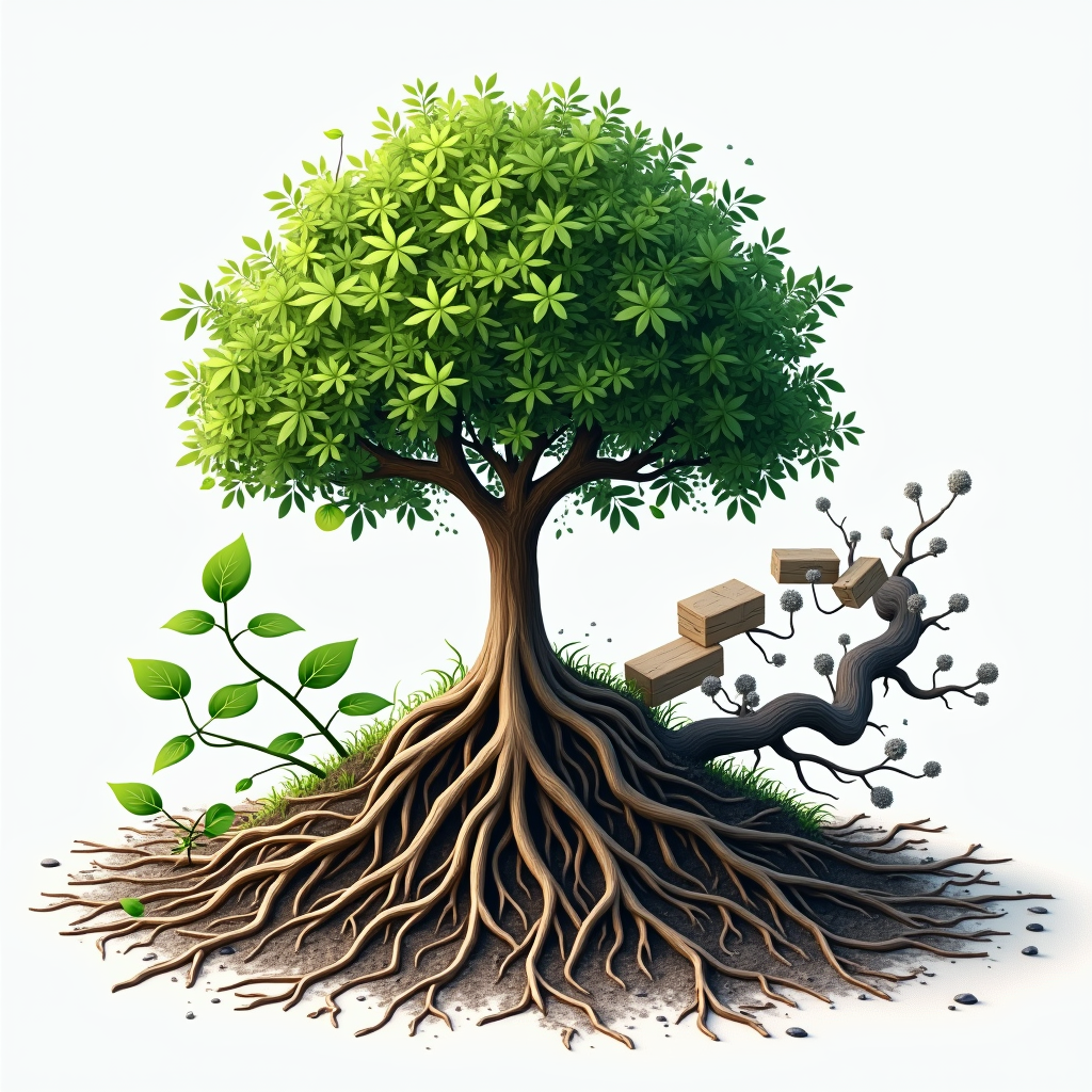 White Hat SEO hay Black Hat SEO: Lựa chọn nào tốt hơn? 3 A visual representation of White Hat SEO as a healthy, thriving tree with deep roots representing sustainable growth. Black Hat SEO is shown as a rapidly growing but ultimately unstable structure made of flimsy materials.