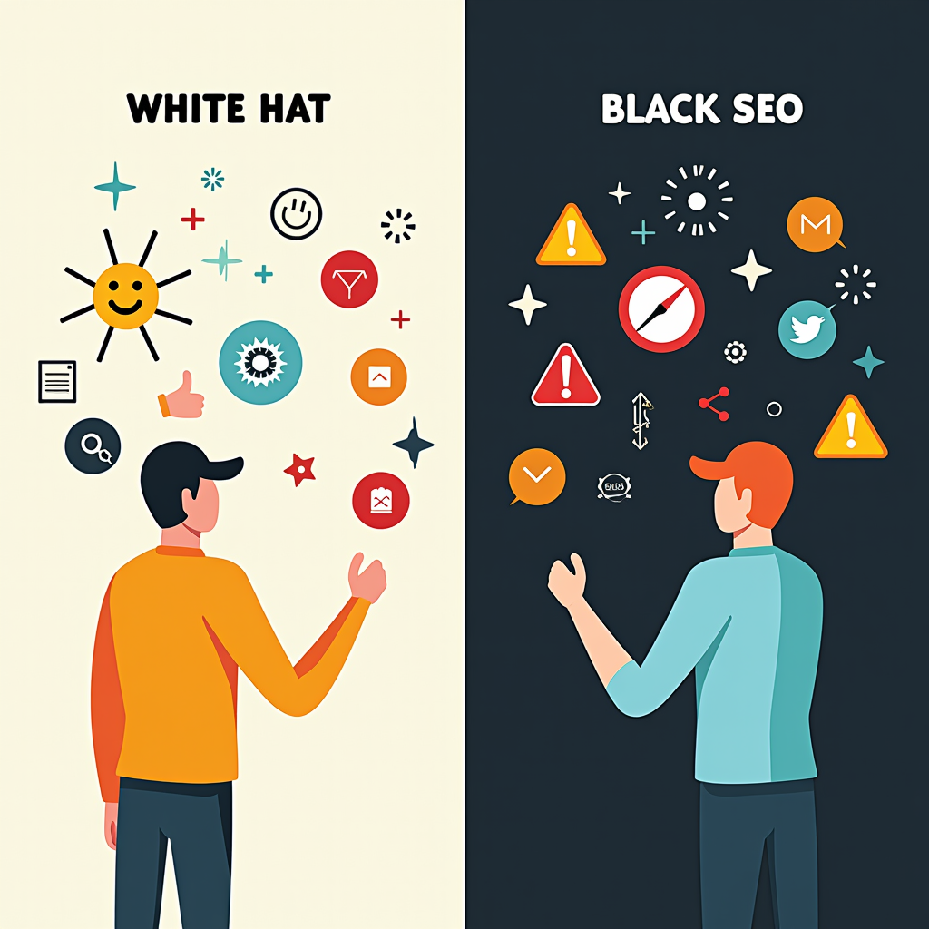 White Hat SEO hay Black Hat SEO: Lựa chọn nào tốt hơn? 2 A split image showcasing White Hat SEO on one side with bright colors, positive symbols like thumbs up, and happy users. On the other side, Black Hat SEO is depicted with dark colors, caution signs, and frustrated users. The contrast should be stark and immediate.