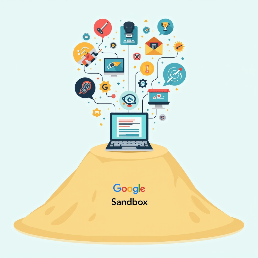 An illustration depicting various elements of SEO, such as content writing, link building, and on-page optimization, all working together to help a website rise above a sand dune labeled 