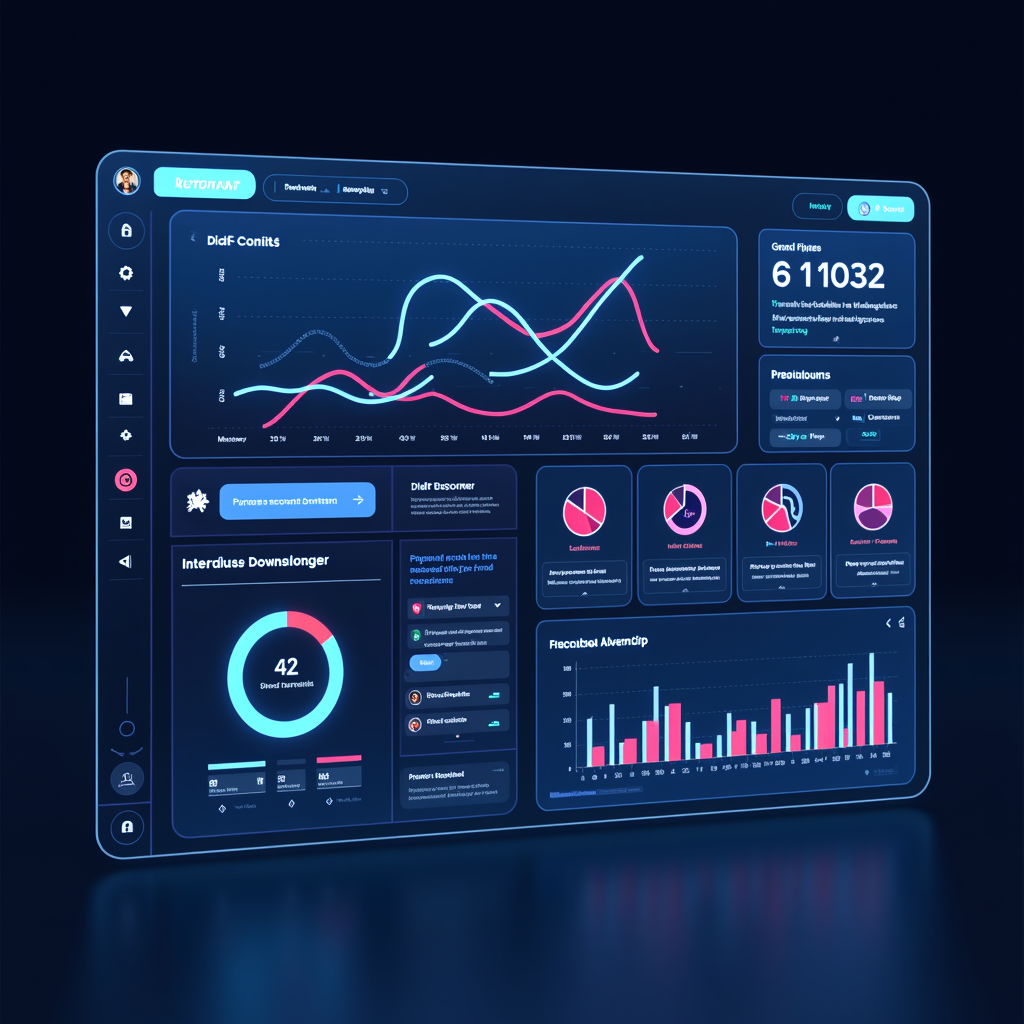 A futuristic digital marketing dashboard with AI elements, showing real-time data analysis and personalized content creation for B2B customers. Focus on clean lines and vibrant colors.