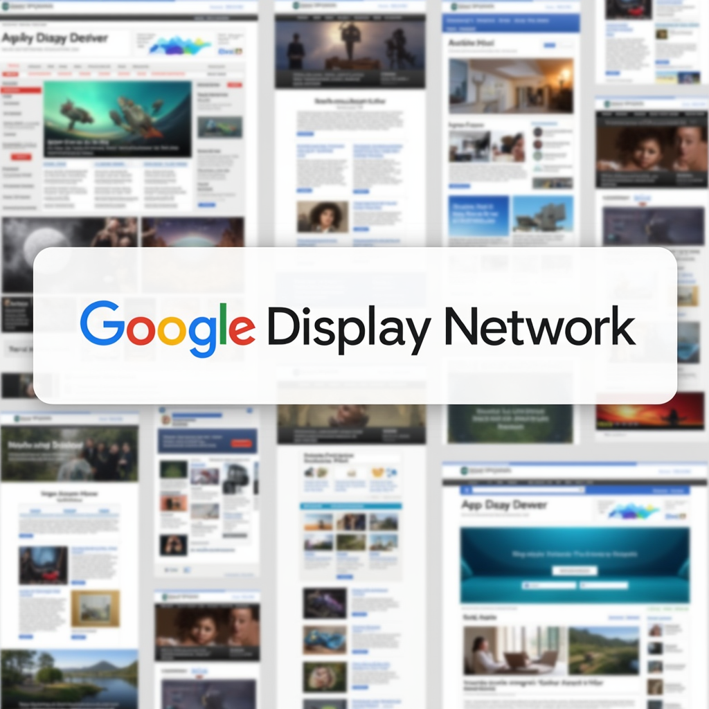 A wide banner showing the Google Display Network logo integrated into various website layouts, symbolizing its extensive reach.