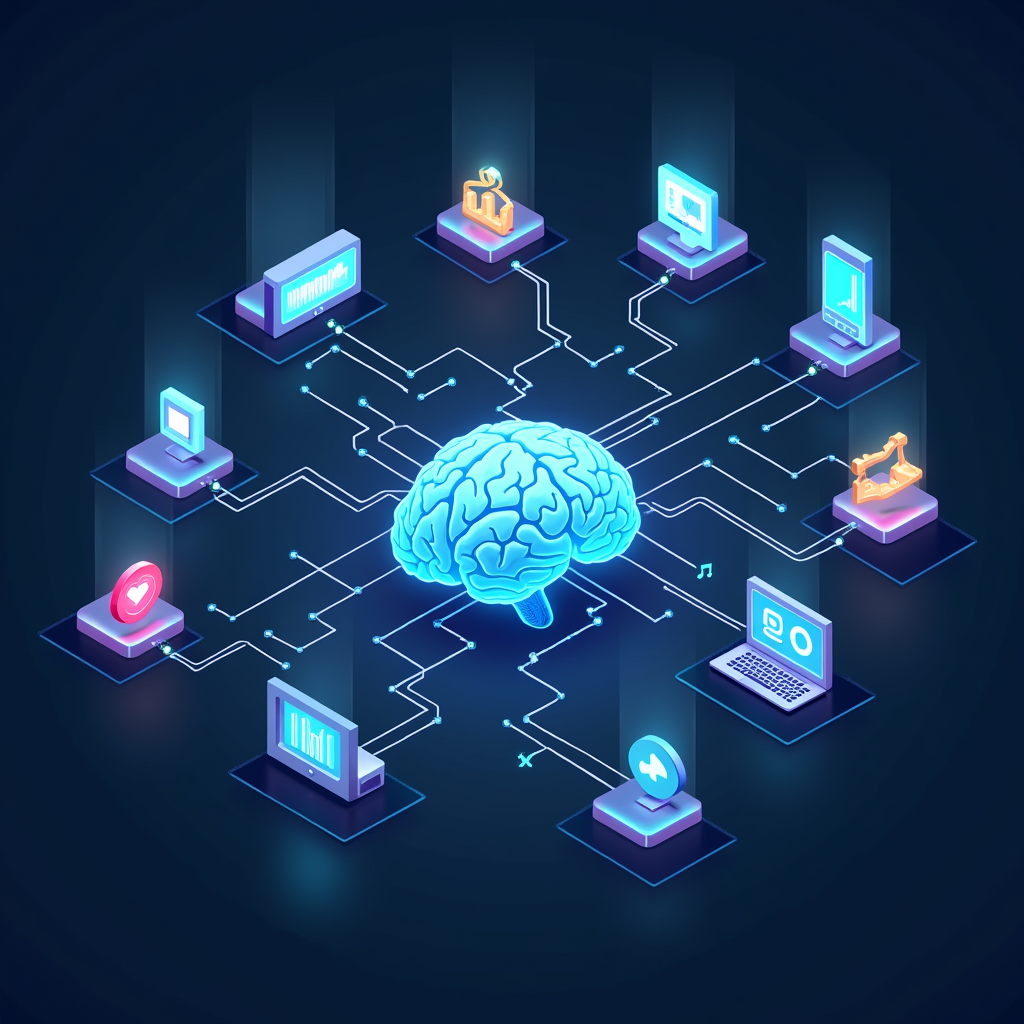 Various digital marketing channels (social media, email, search engines) interconnected by flowing data streams, all managed by a central AI brain. Illustrate the holistic application of AI automation in digital marketing.