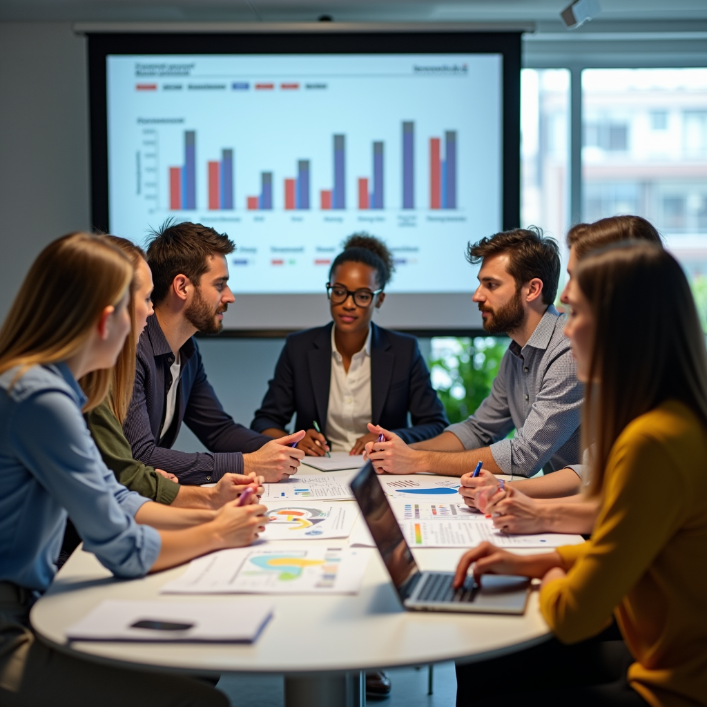 A diverse team of marketing professionals collaborating in a modern office, analyzing first-party data from various sources to refine customer segmentation and marketing strategies.