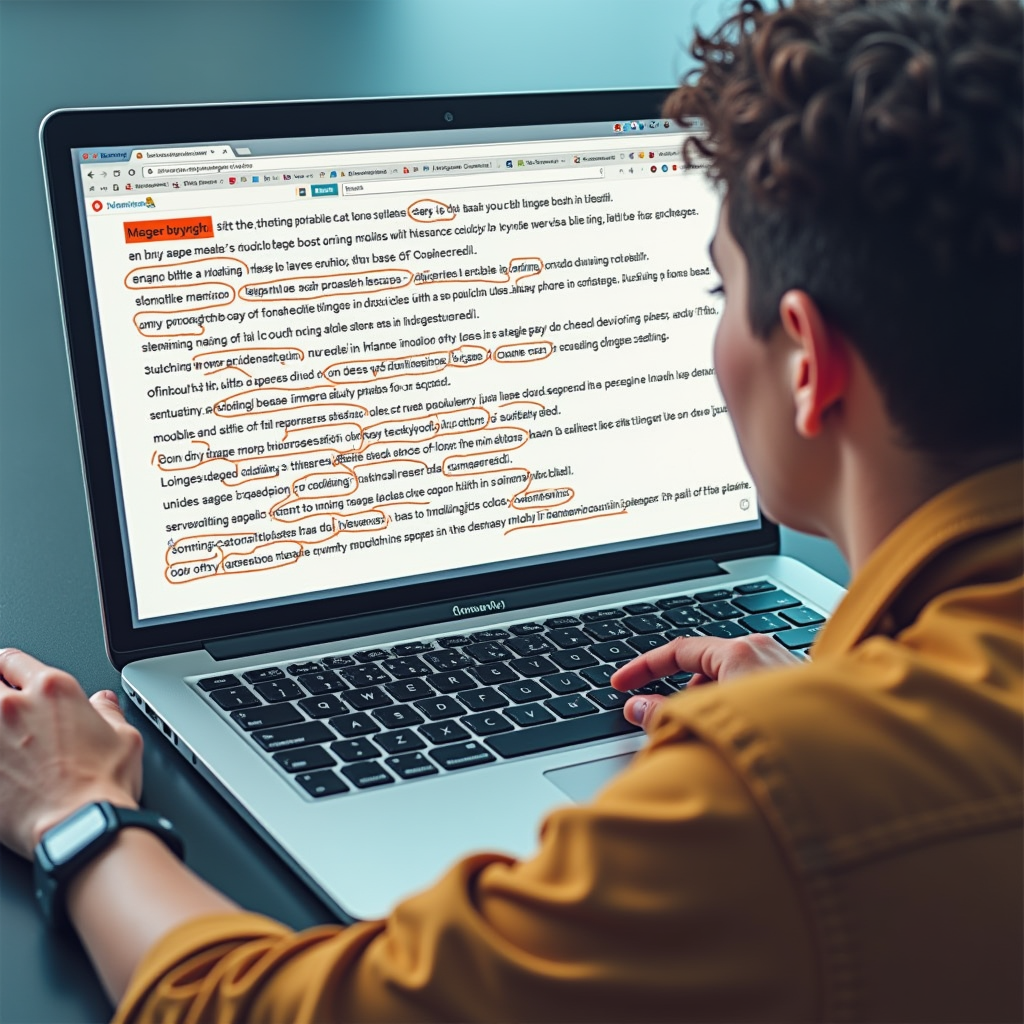A frustrated user looking at a laptop screen displaying a webpage with repetitive keywords and little substance, highlighting the negative impact of keyword stuffing.