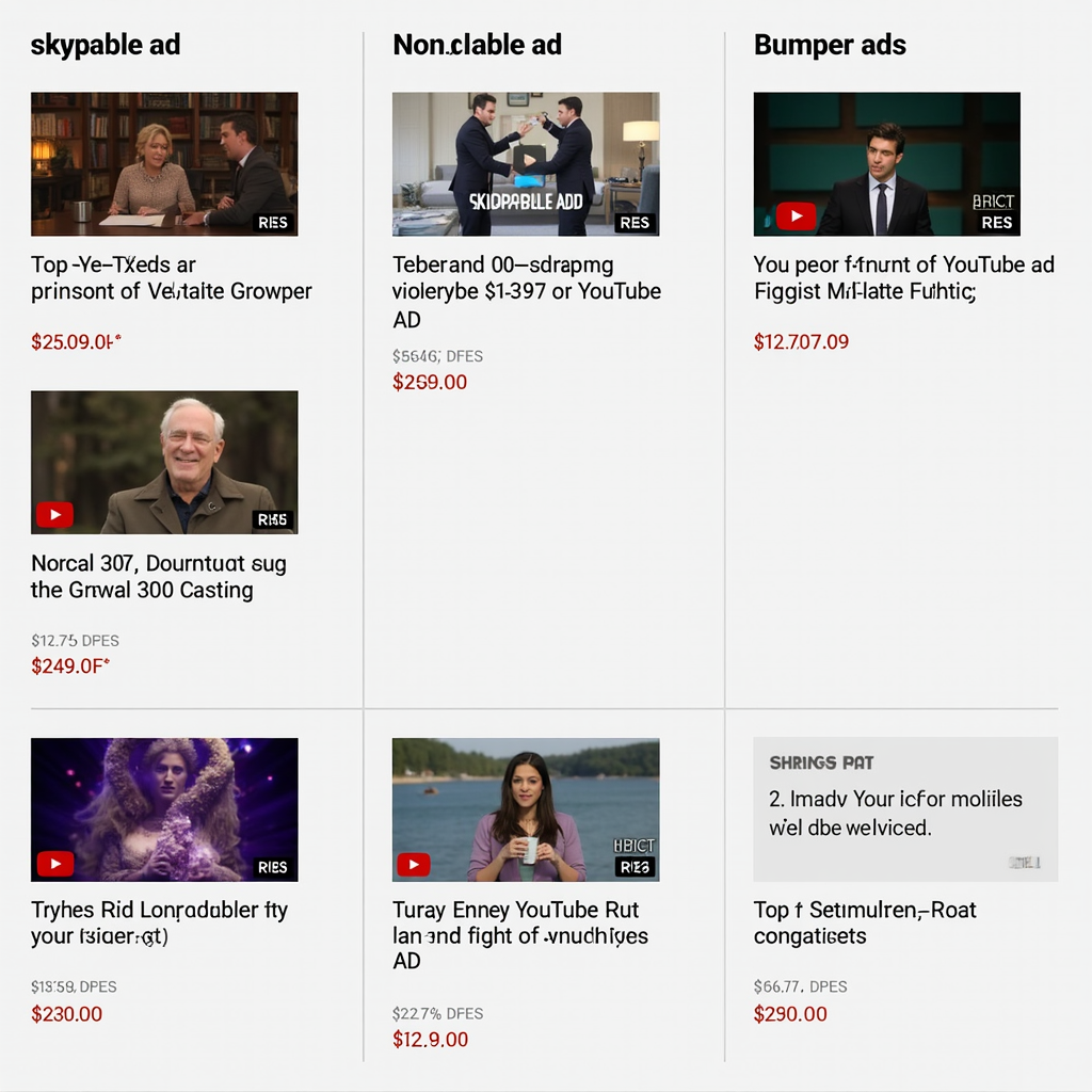 A split screen showing different YouTube ad formats (skippable ads, non-skippable ads, bumper ads) with corresponding cost metrics displayed.