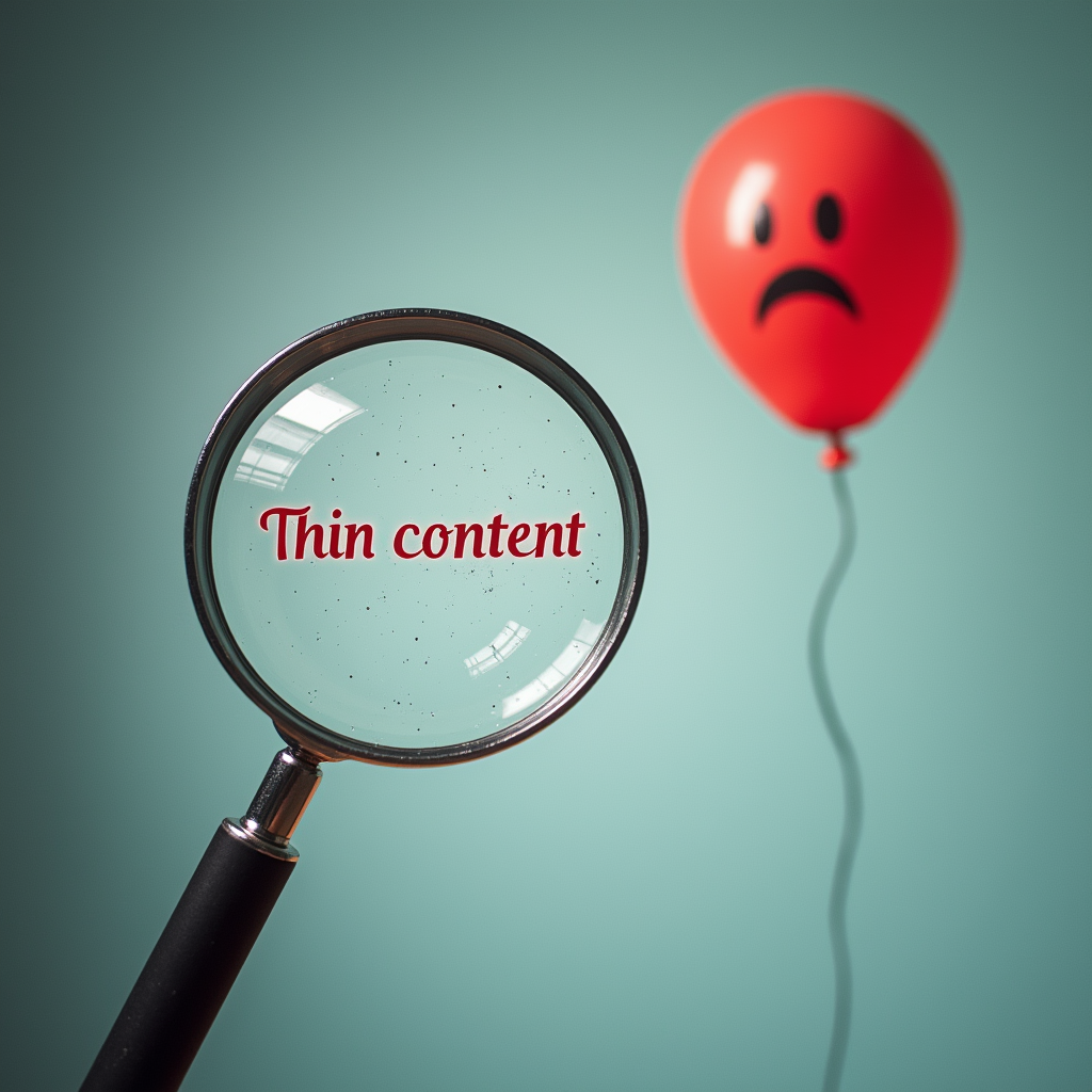 A magnifying glass focusing on a webpage with very little text, symbolizing 'thin content' in SEO, with a sad, deflated balloon in the background.