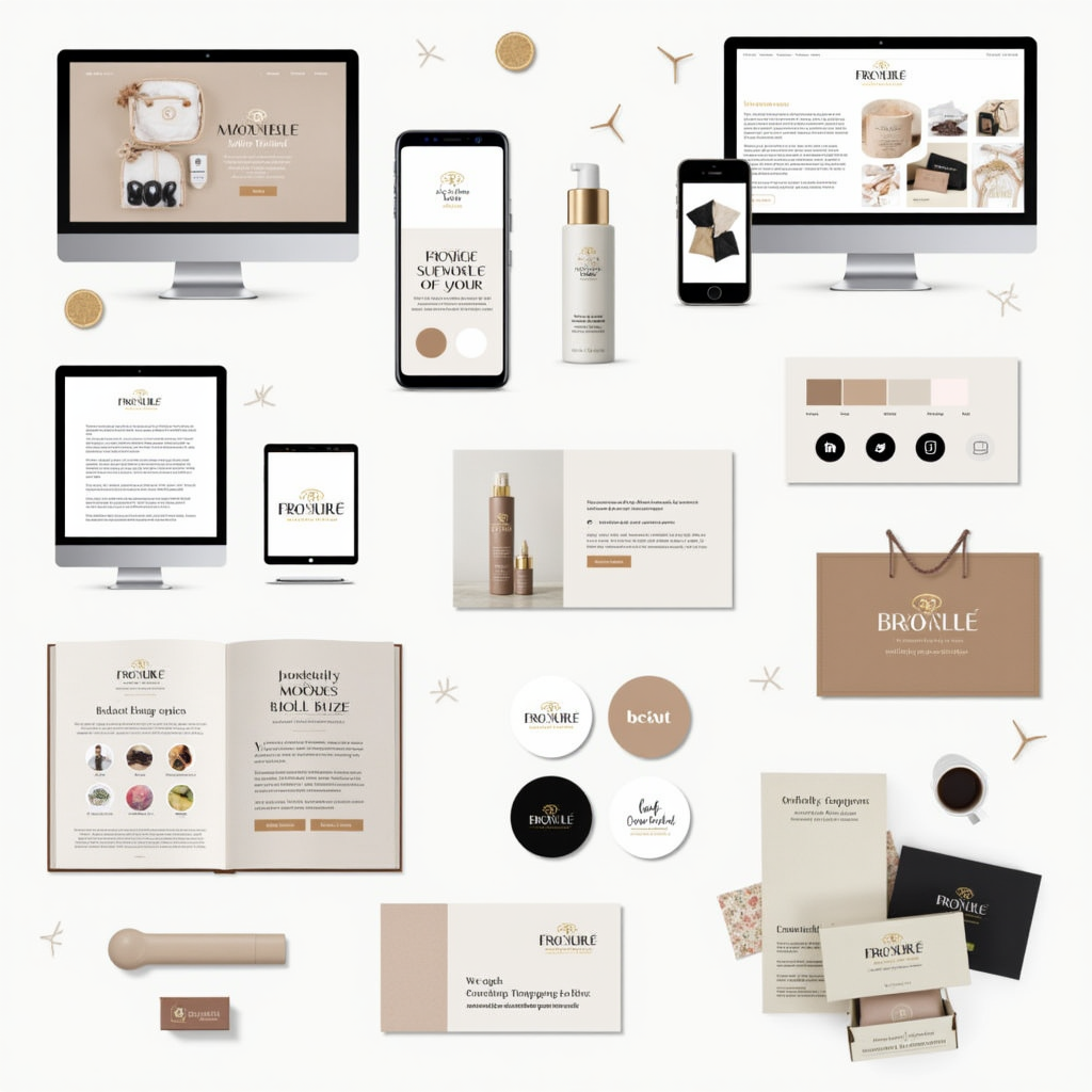 A cohesive brand identity across different platforms and touchpoints, including website, social media, packaging, and marketing materials, showcasing consistency and brand recognition.