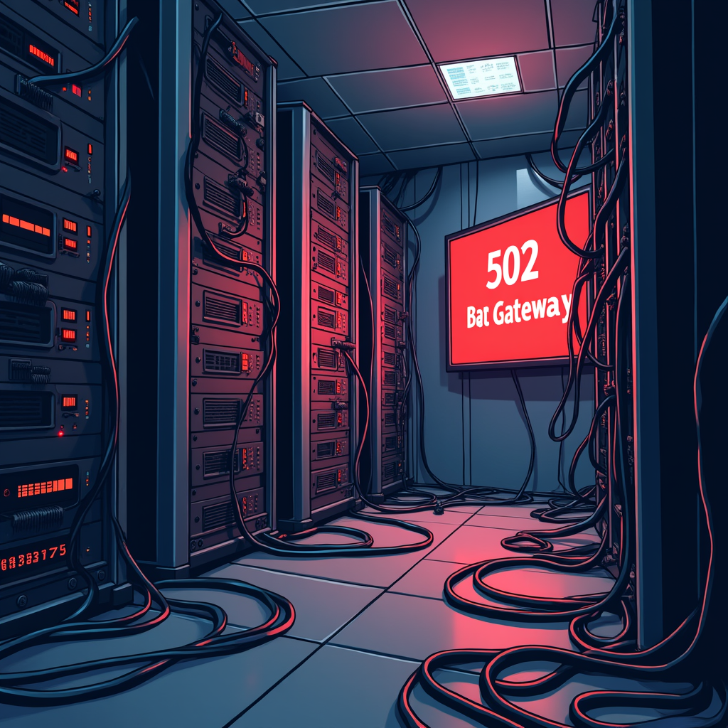 An illustration of a server room overwhelmed with network traffic, cables tangled, with a red 
