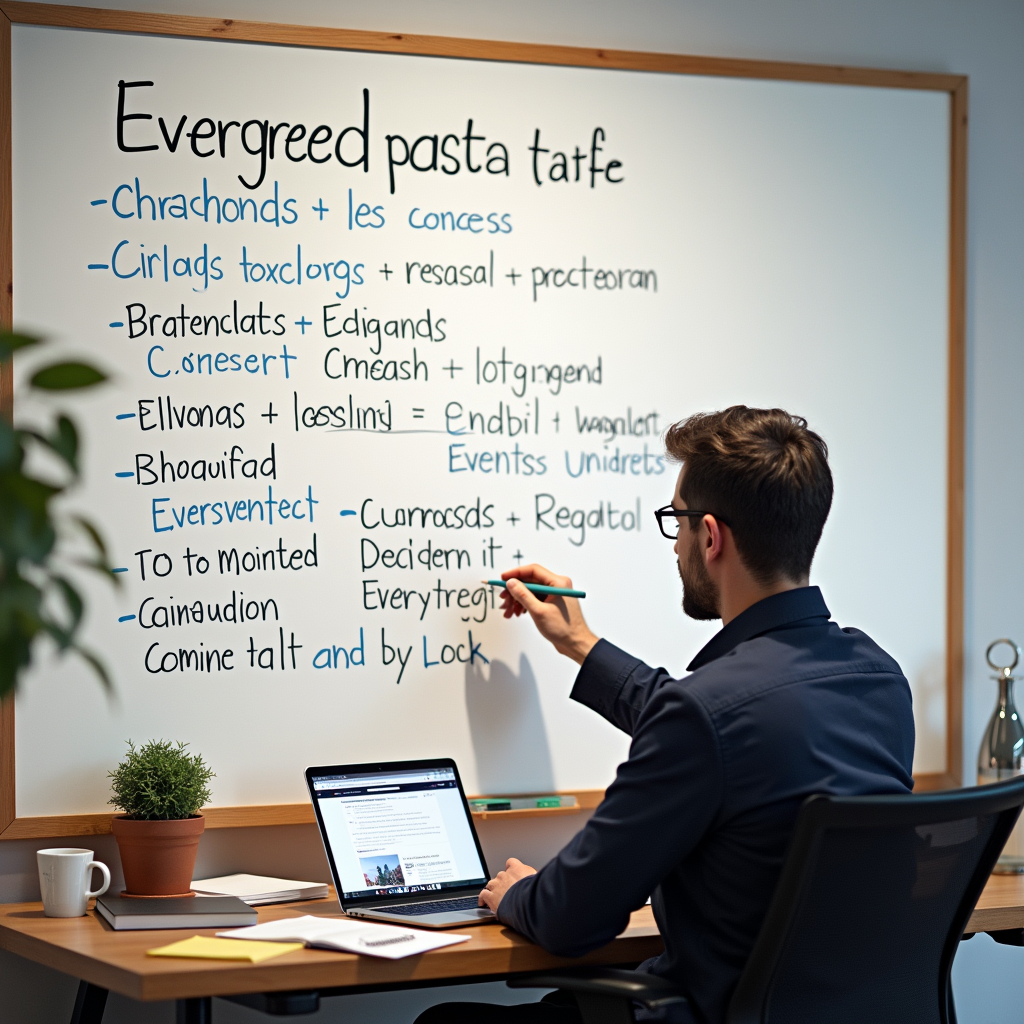 A content creator sitting at a desk, brainstorming ideas with a whiteboard filled with keywords and phrases related to evergreen topics.