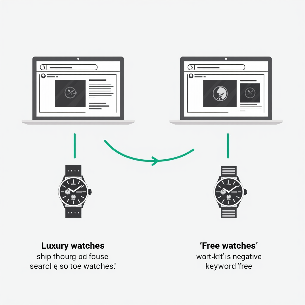 An illustration depicting a luxury watch store ad being shown to a user searching for 